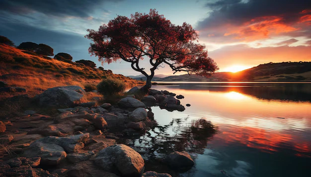 tranquil-sunset-reflecting-beauty-nature-silhouettes-tree-horizon-generated-by-artificial-intelligence_188544-129490