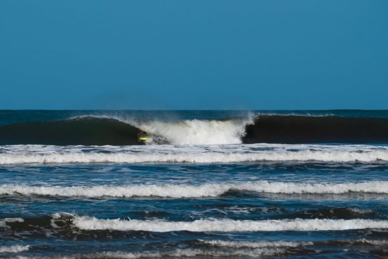 A lone surfer catching a wave against a bright blue sky, displaying skill and adventure.